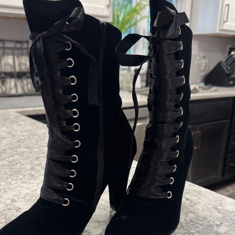 Black Velvet Lace Up Boots